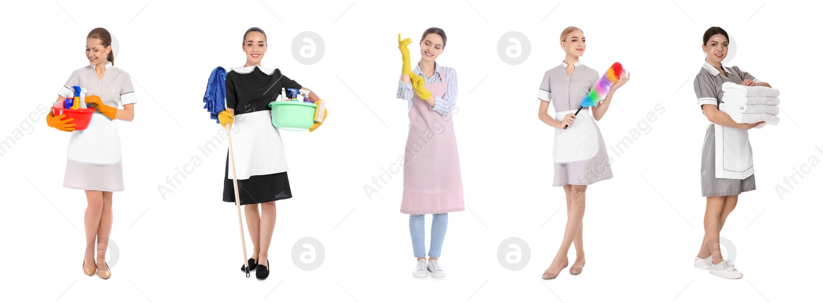 Image of Collage with chambermaids on white background. Banner design