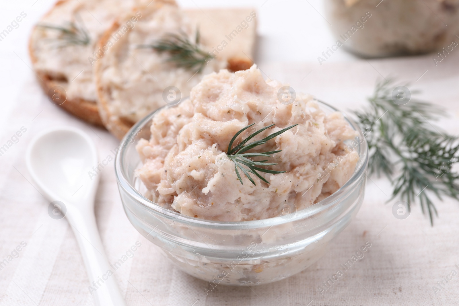 Photo of Delicious lard spread in bowl on table