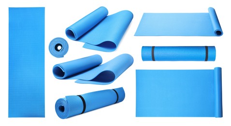 Image of Set with blue camping mats on white background 