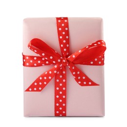 Photo of Beautiful gift box with red bow isolated on white