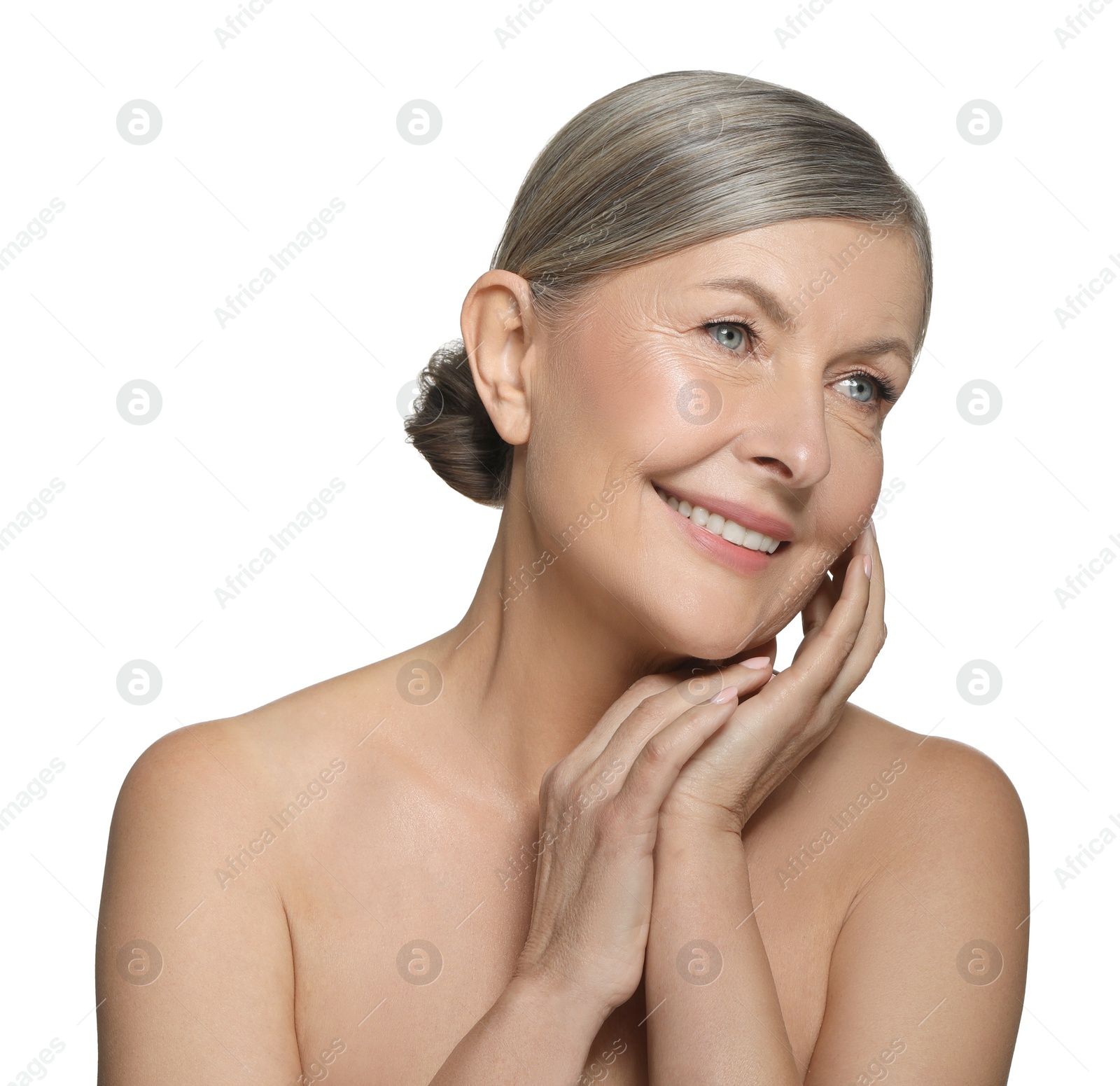 Photo of Beautiful mature woman with healthy skin on white background