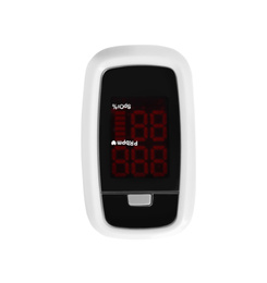 Photo of Modern fingertip pulse oximeter isolated on white, top view
