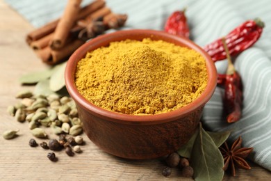 Photo of Curry powder in bowl and other spices on wooden table, closeup