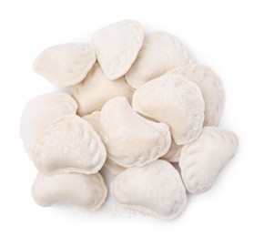 Heap of raw dumplings (varenyky) with tasty filling on white background, top view
