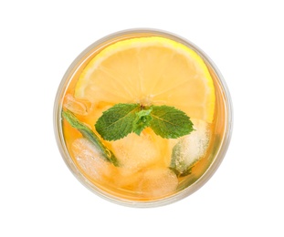 Photo of Delicious iced tea in glass on white background, top view
