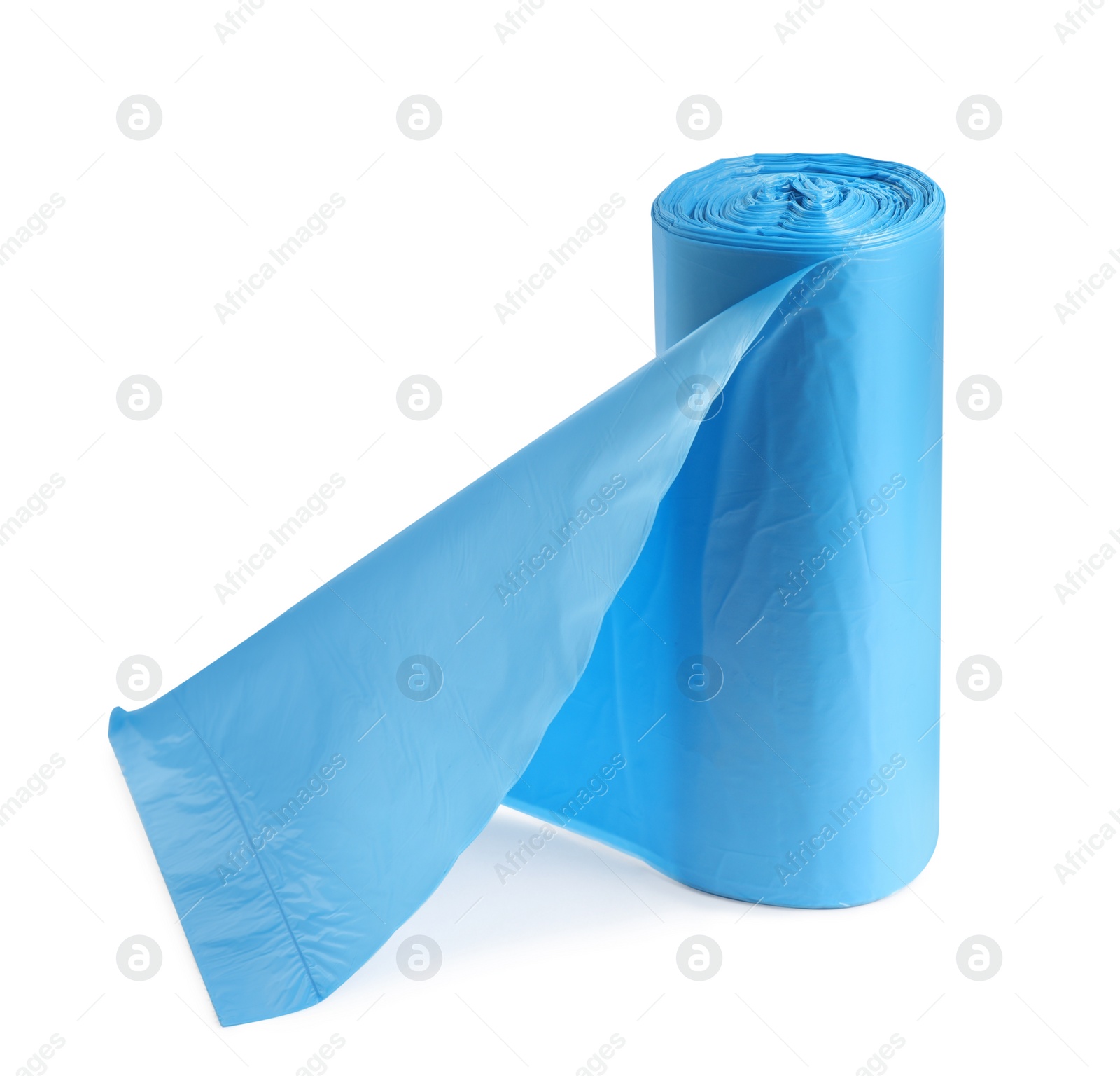 Photo of Roll of turquoise garbage bags on white background. Cleaning supplies