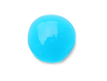 Photo of Light blue slime with glitter isolated on white, top view. Antistress toy