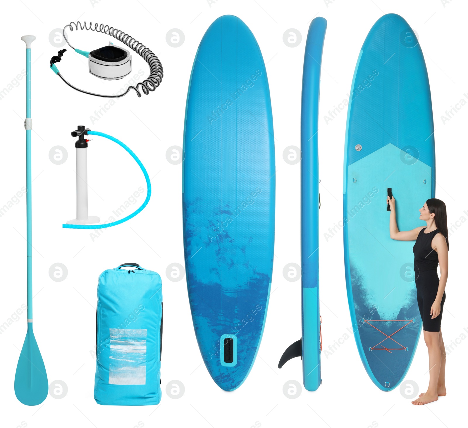 Image of Happy woman with SUP board and different equipment for stand up paddle boarding isolated on white, set of photos