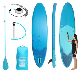 Happy woman with SUP board and different equipment for stand up paddle boarding isolated on white, set of photos