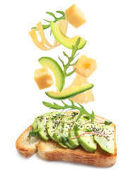 Image of Tasty bruschetta with flying ingredients on white background