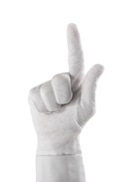 Photo of Person in white glove showing clean finger on light grey background, closeup