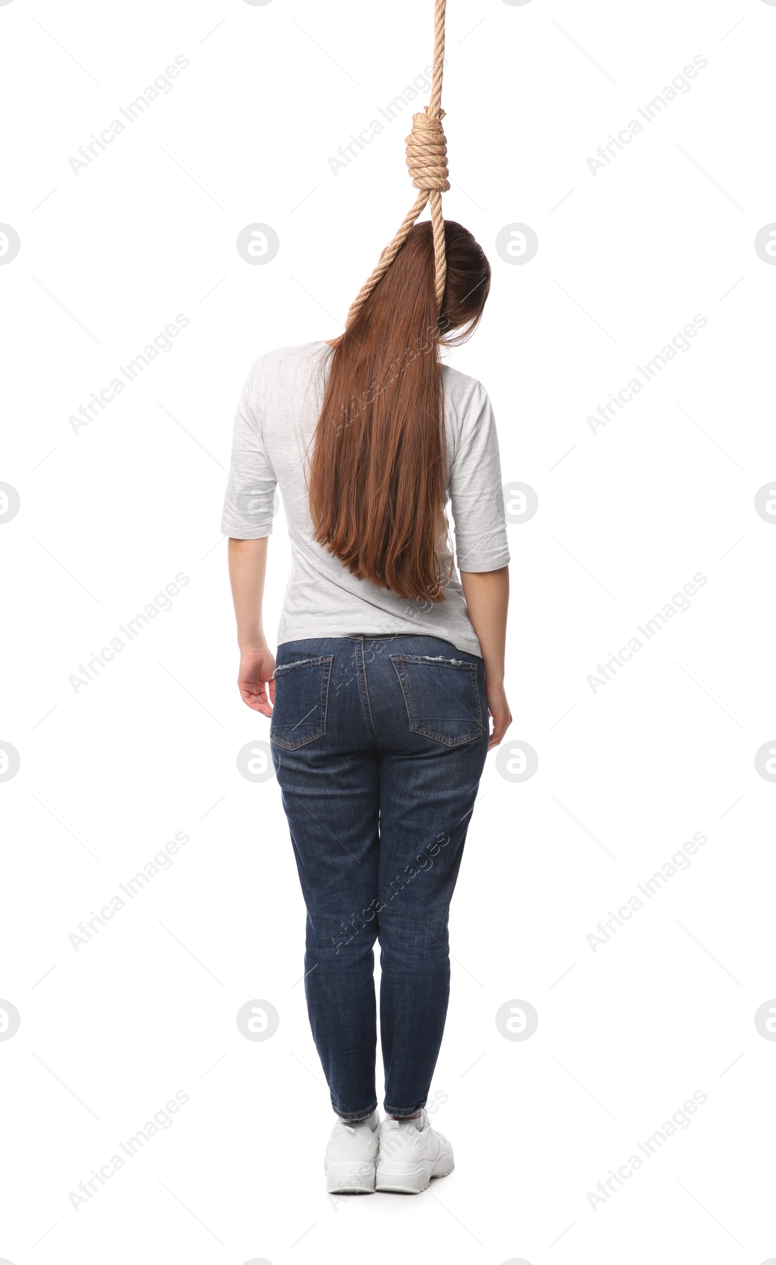 Photo of Woman with rope noose on neck against white background, back view