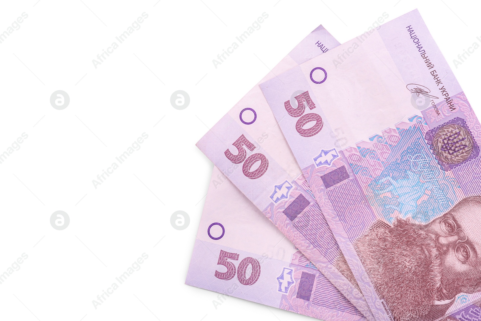 Photo of 50 Ukrainian Hryvnia banknotes on white background, top view