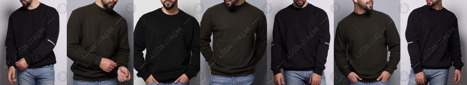 Image of Man in warm sweaters on grey background, set of photos