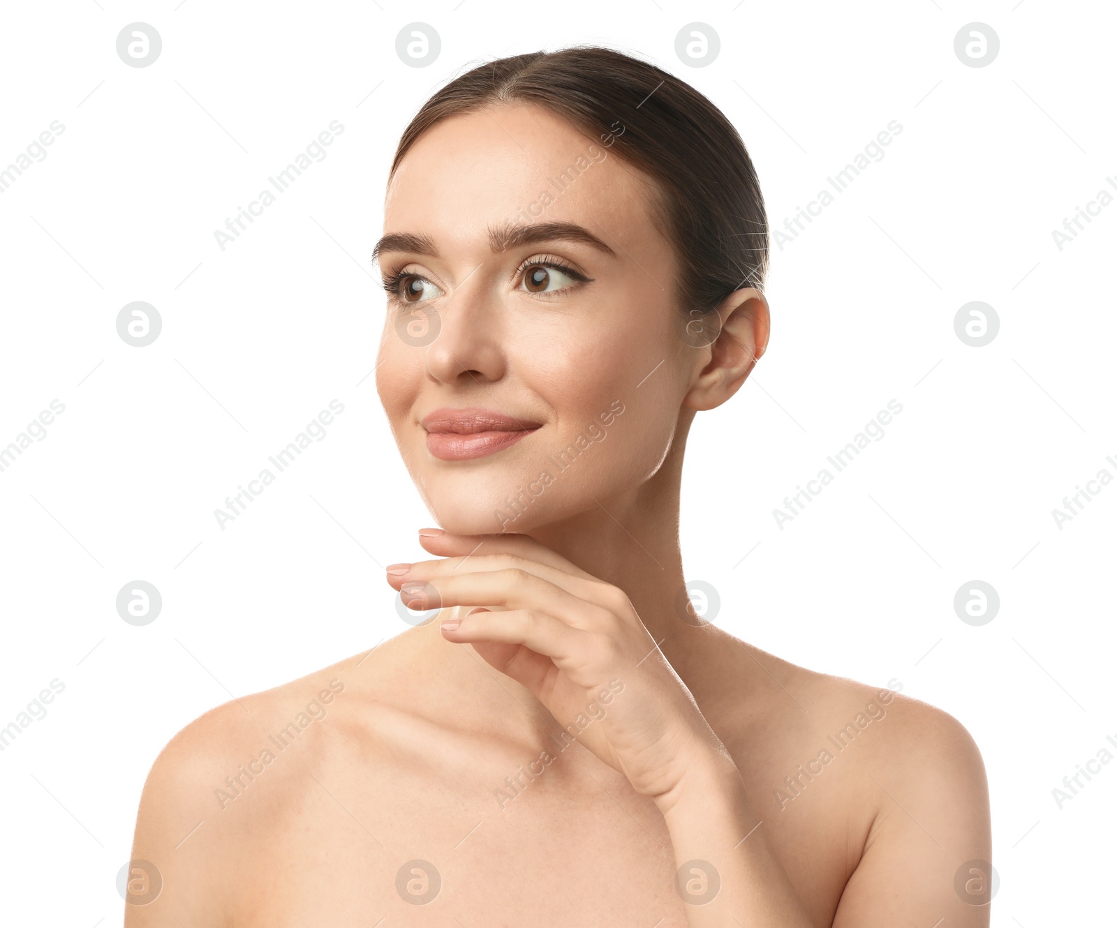 Photo of Beautiful woman with perfect smooth skin on white background