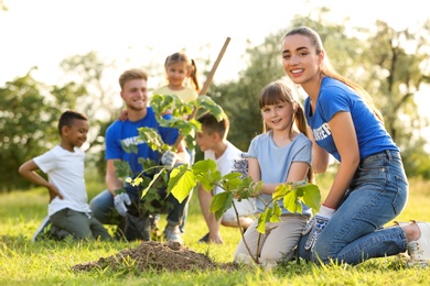 Photo of Kids planting trees with volunteers in park