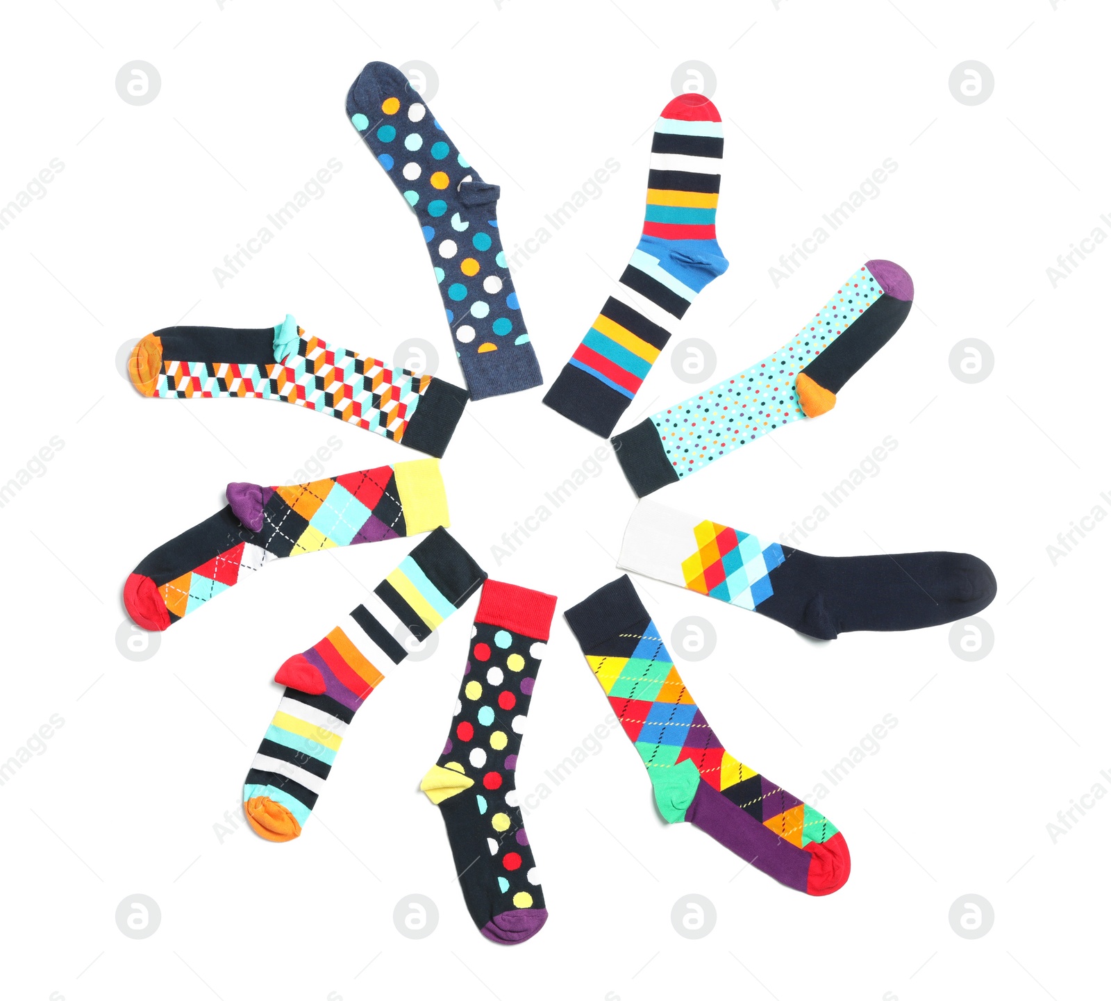 Photo of Flat lay composition with different colorful socks on white background