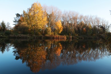 Picturesque view of lake and trees on autumn day