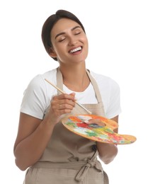 Photo of Young woman with drawing tools on white background