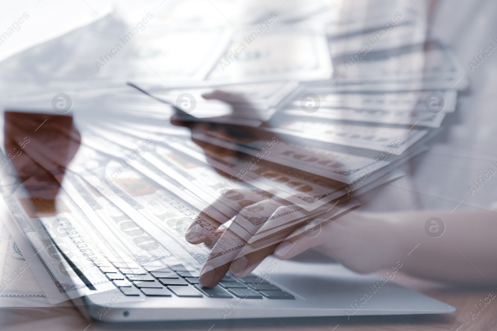 Image of Double exposure of woman with laptop and dollar banknotes, closeup. Financial value