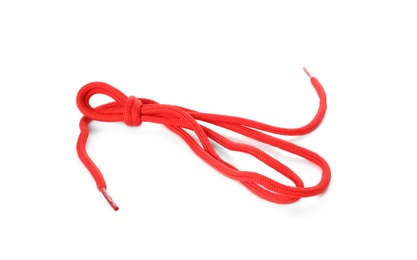 Photo of Red shoe lace tied in knot isolated on white