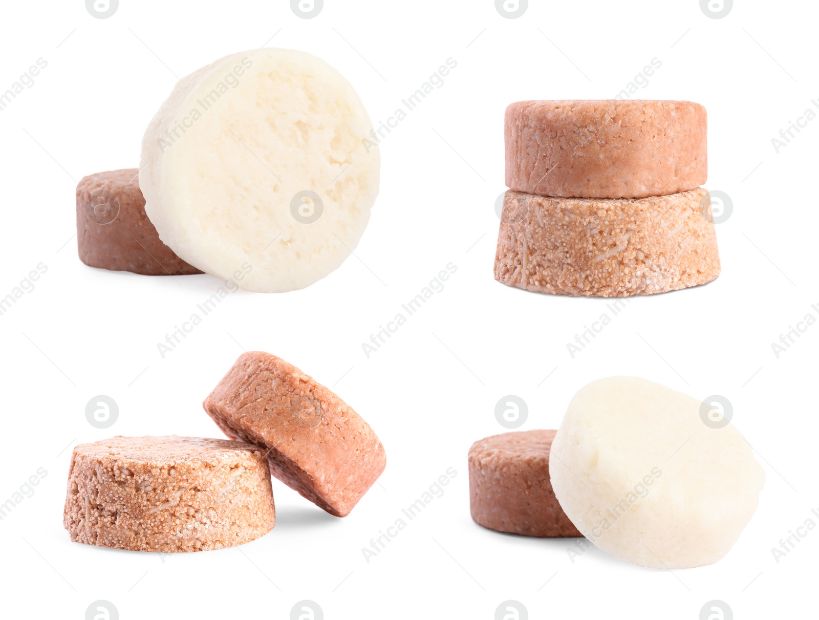 Image of Set with solid shampoo bars on white background. Hair care