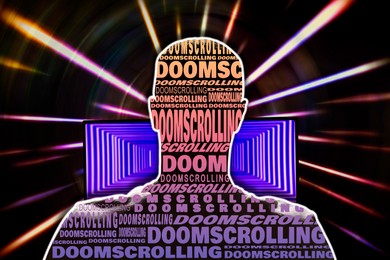 Image of Silhouette of man filled with words Doomscrolling in front of laptop with hypnotic pattern against dark background with bright beams