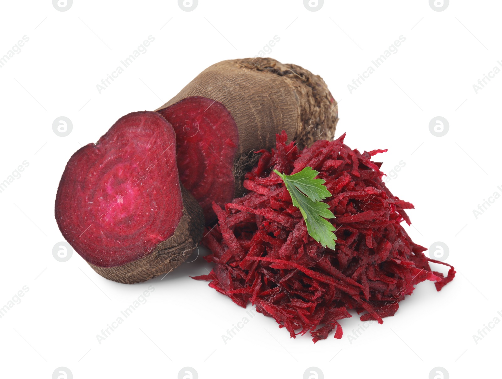 Photo of Cut and grated red beets isolated on white