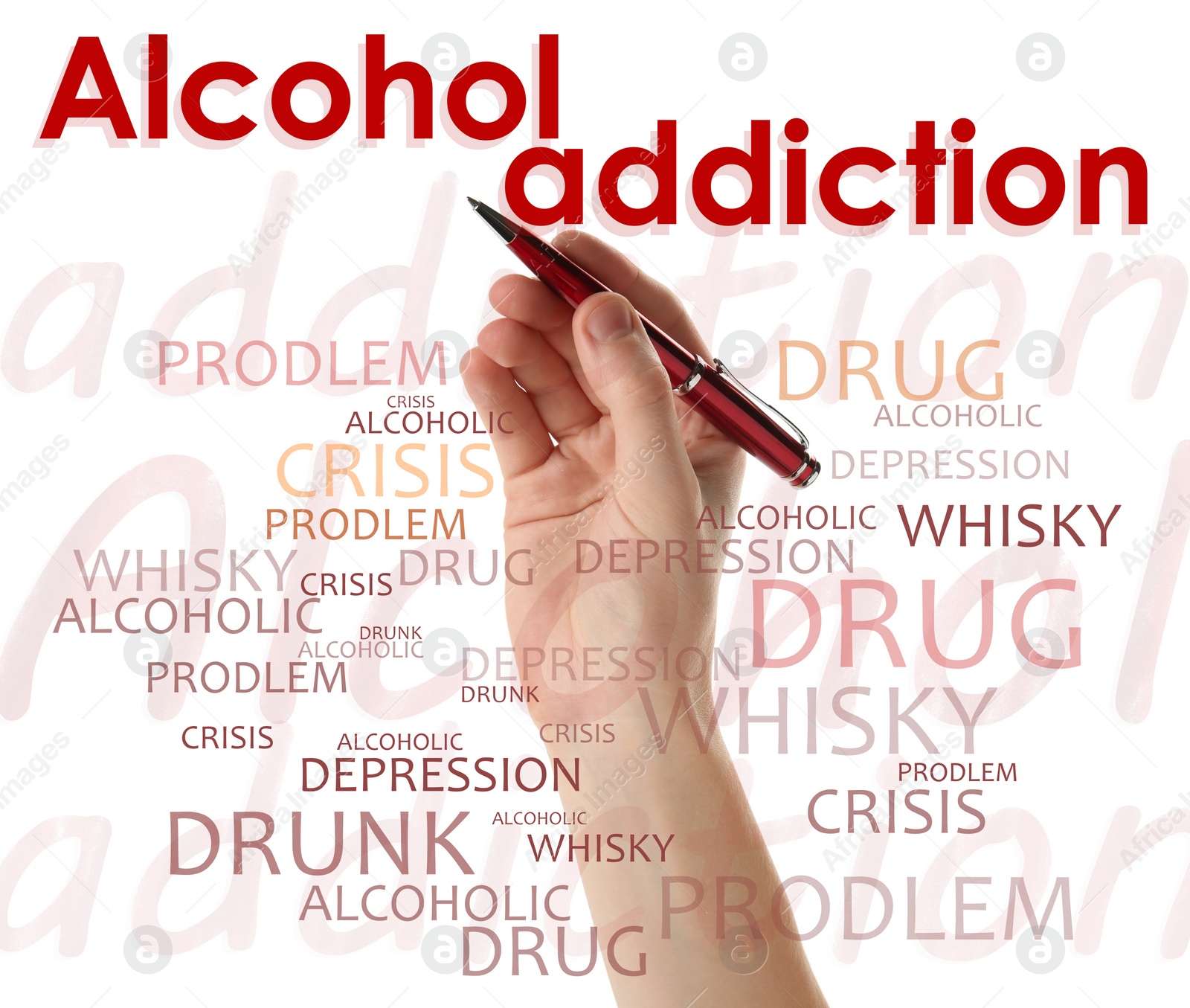 Image of Alcohol addiction? - We can help you. Closeup view of woman with pen against white background