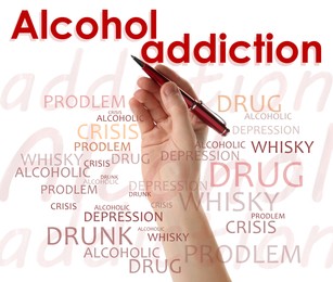 Alcohol addiction? - We can help you. Closeup view of woman with pen against white background