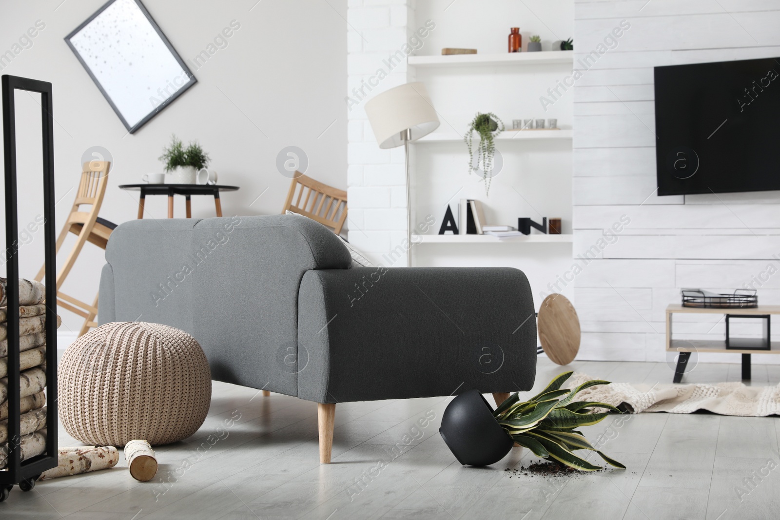 Photo of Chaotic living room interior after strong earthquake