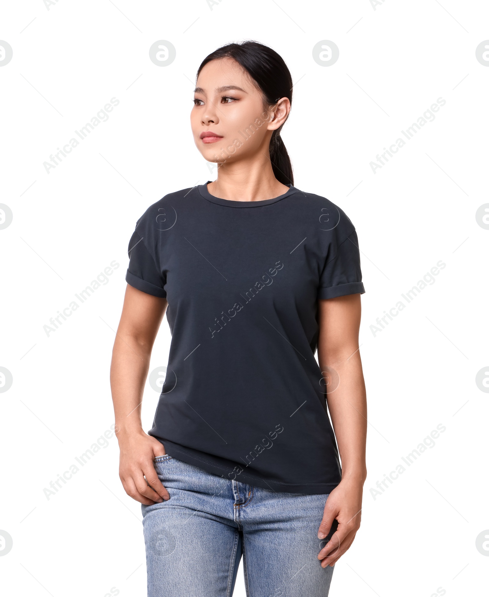 Photo of Woman wearing black t-shirt on white background