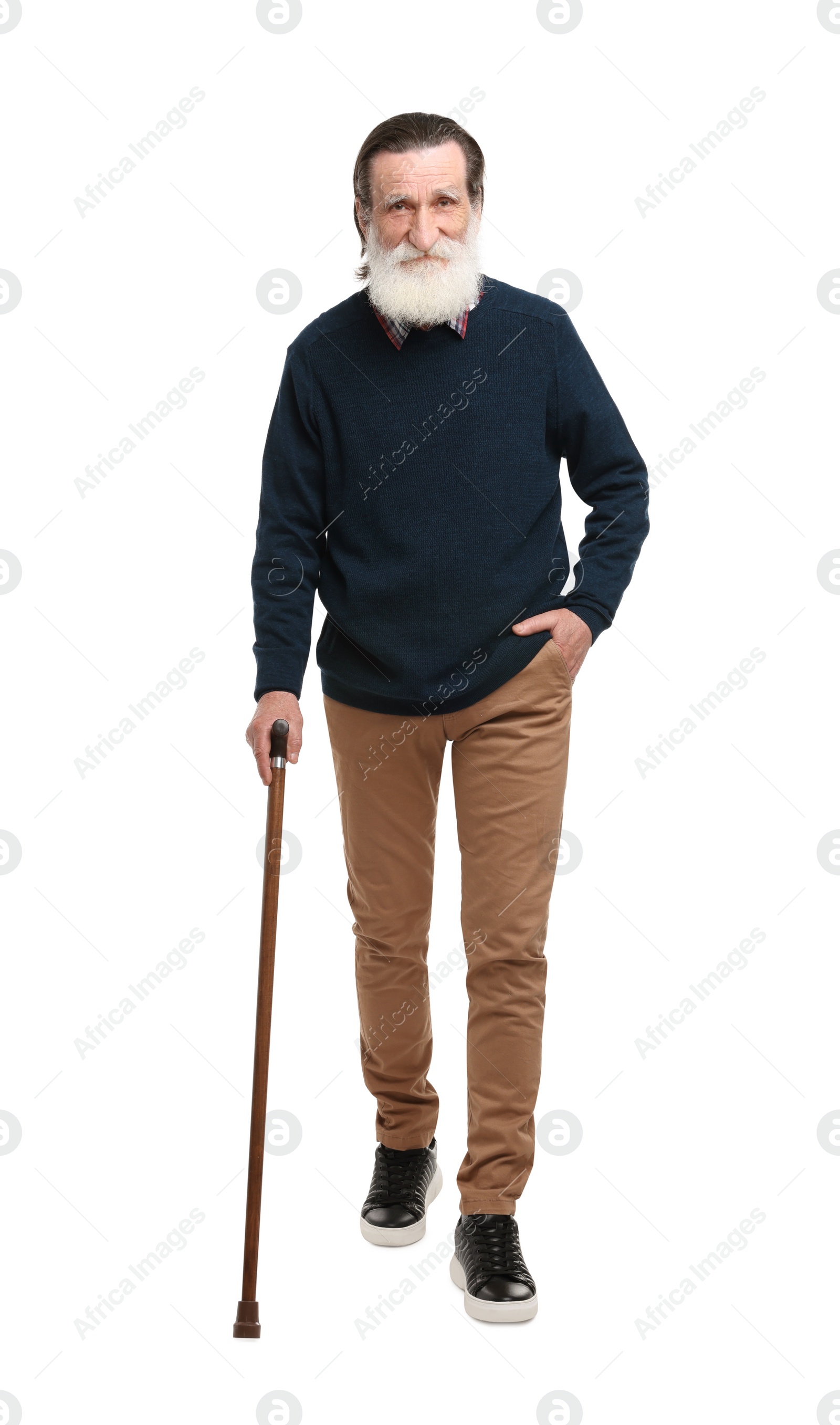 Photo of Senior man with walking cane on white background