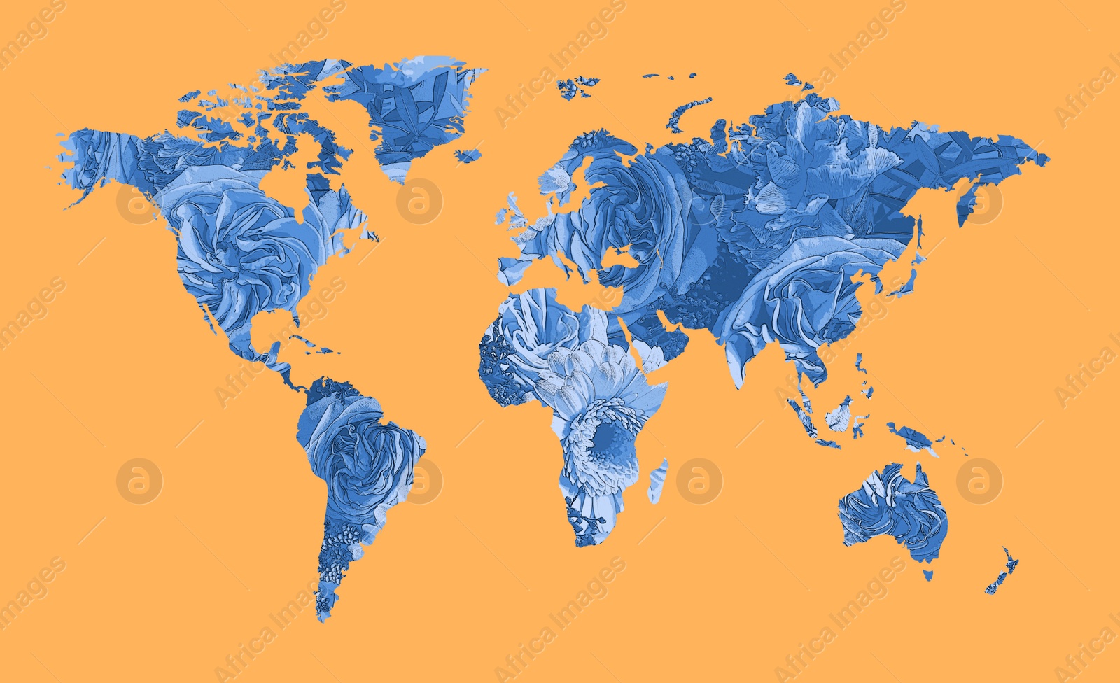 Image of World map made of beautiful flowers on orange background, banner design