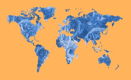 Image of World map made of beautiful flowers on orange background, banner design