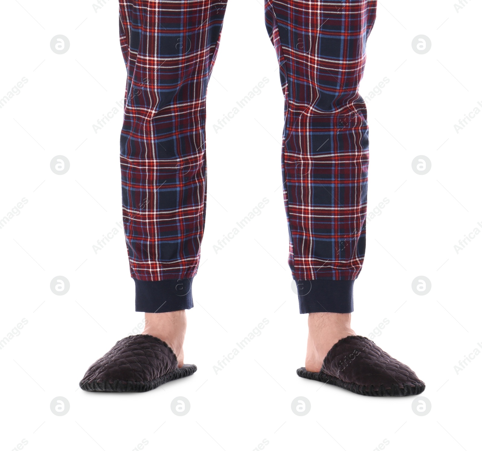 Photo of Man in warm soft slippers on white background, closeup