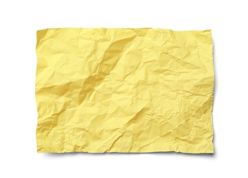 Color sheet of crumpled paper on white background, top view
