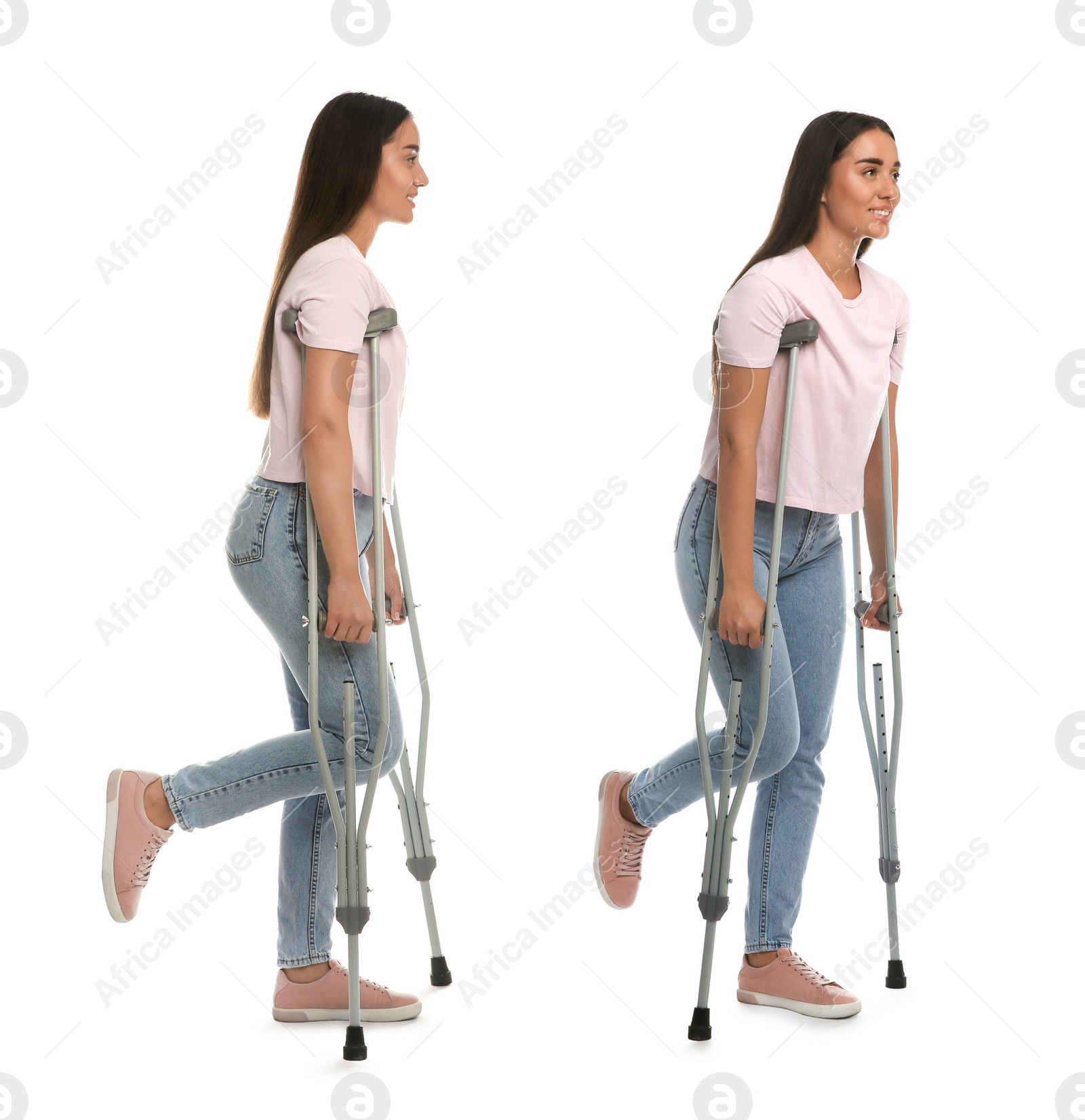 Image of Young woman with axillary crutches on white background, collage 