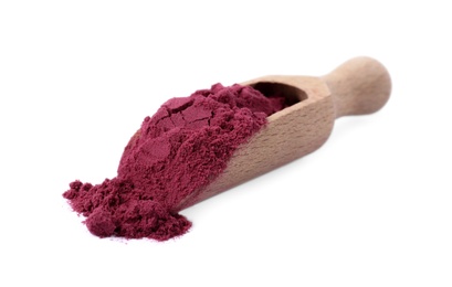 Wooden scoop of acai powder on white background