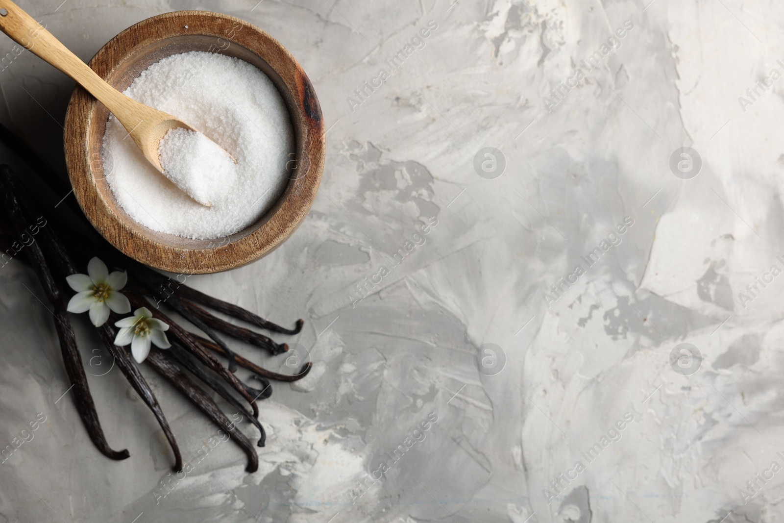 Photo of Sugar in bowl, vanilla pods and flowers on grey textured table, flat lay. Space for text