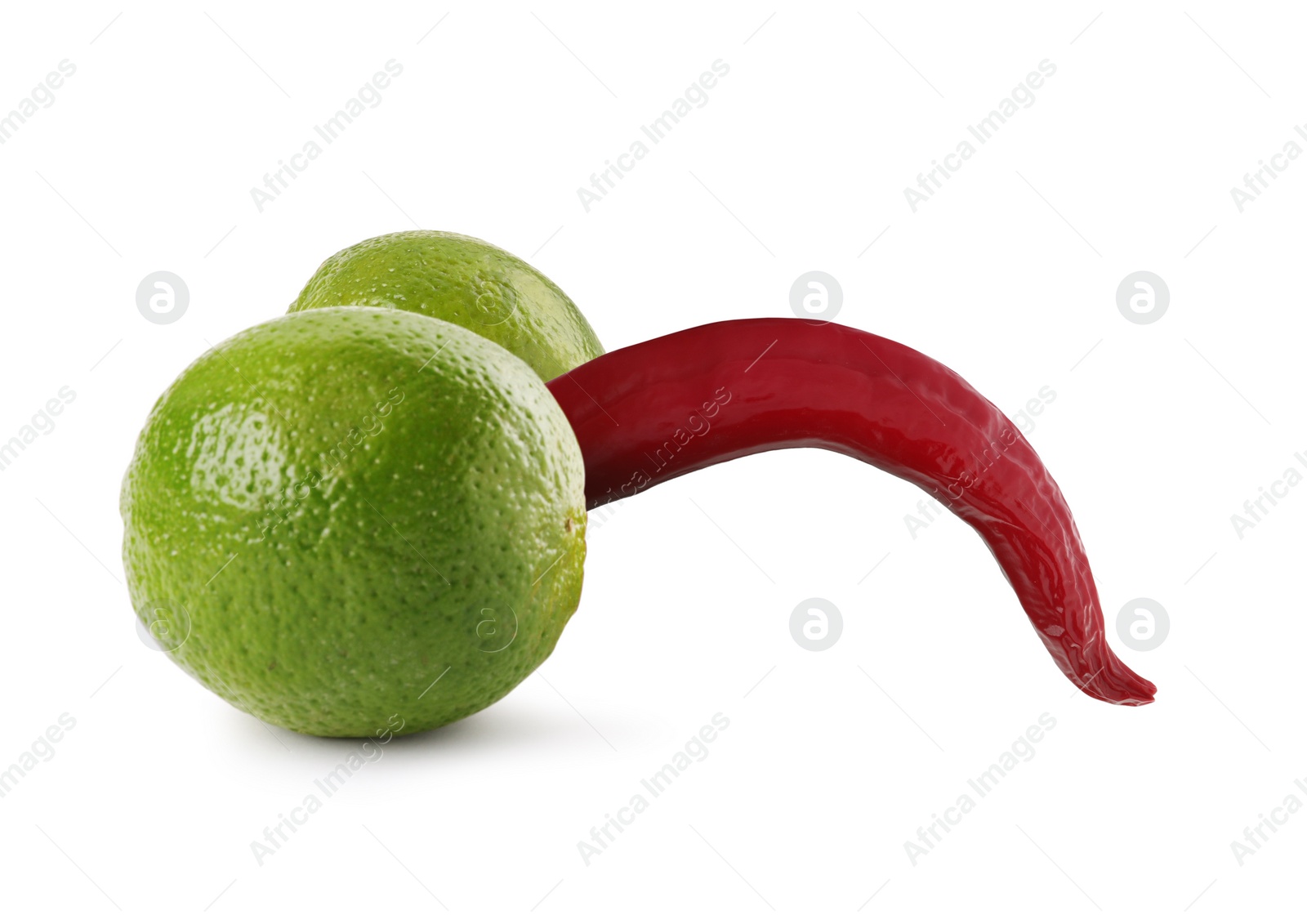 Image of Chili pepper and limes symbolizing male sexual organs on white background. Potency problem
