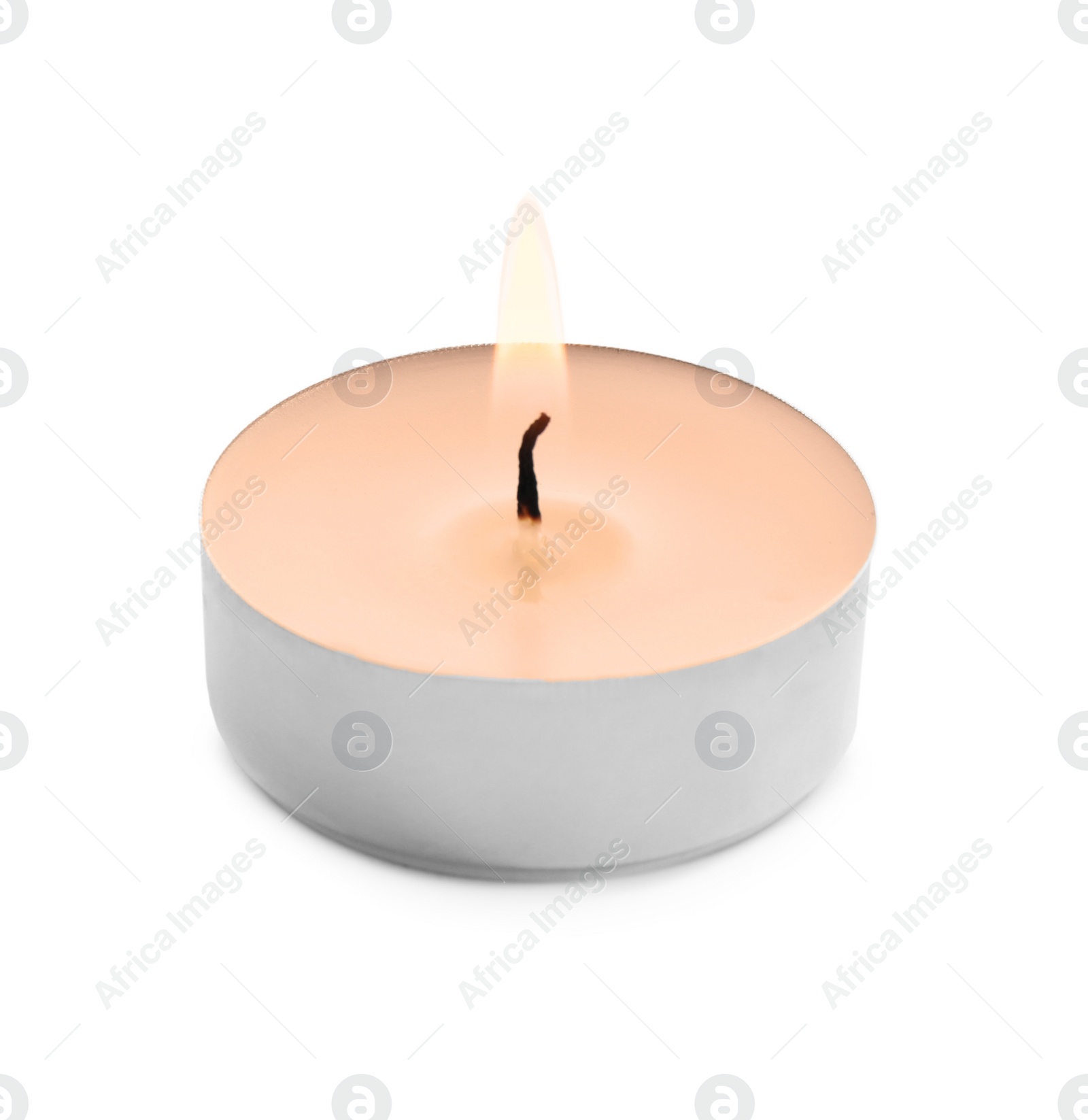 Photo of Burning decorative wax candle isolated on white