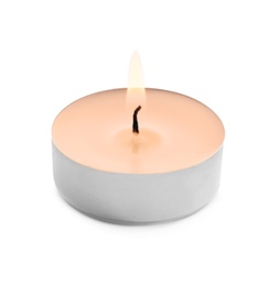 Photo of Burning decorative wax candle isolated on white
