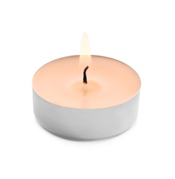 Burning decorative wax candle isolated on white