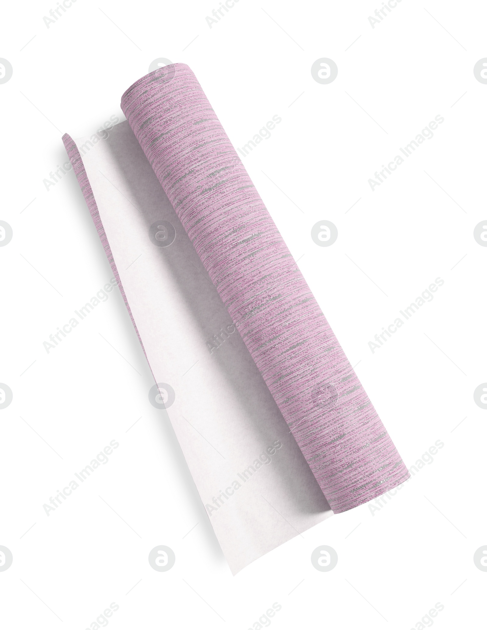 Image of One pink wallpaper roll isolated on white, top view