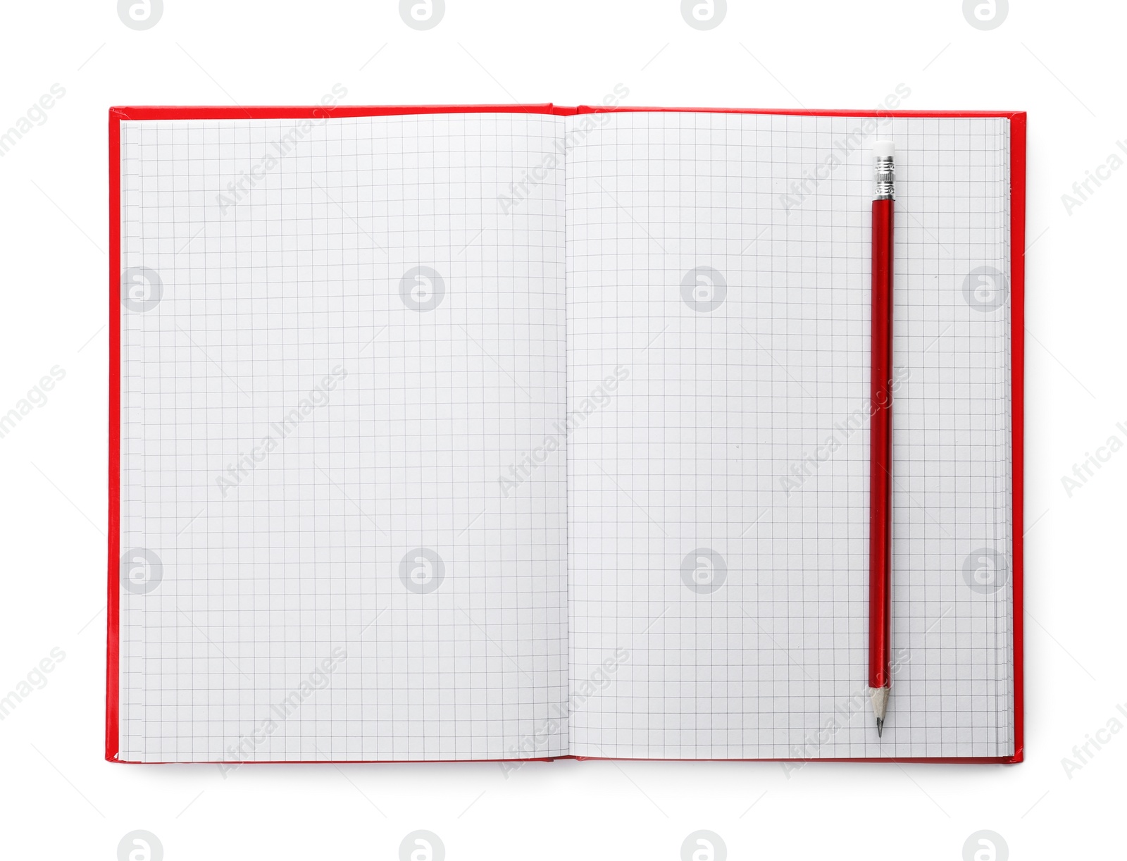 Photo of Stylish open notebook with blank sheets and pencil isolated on white, top view