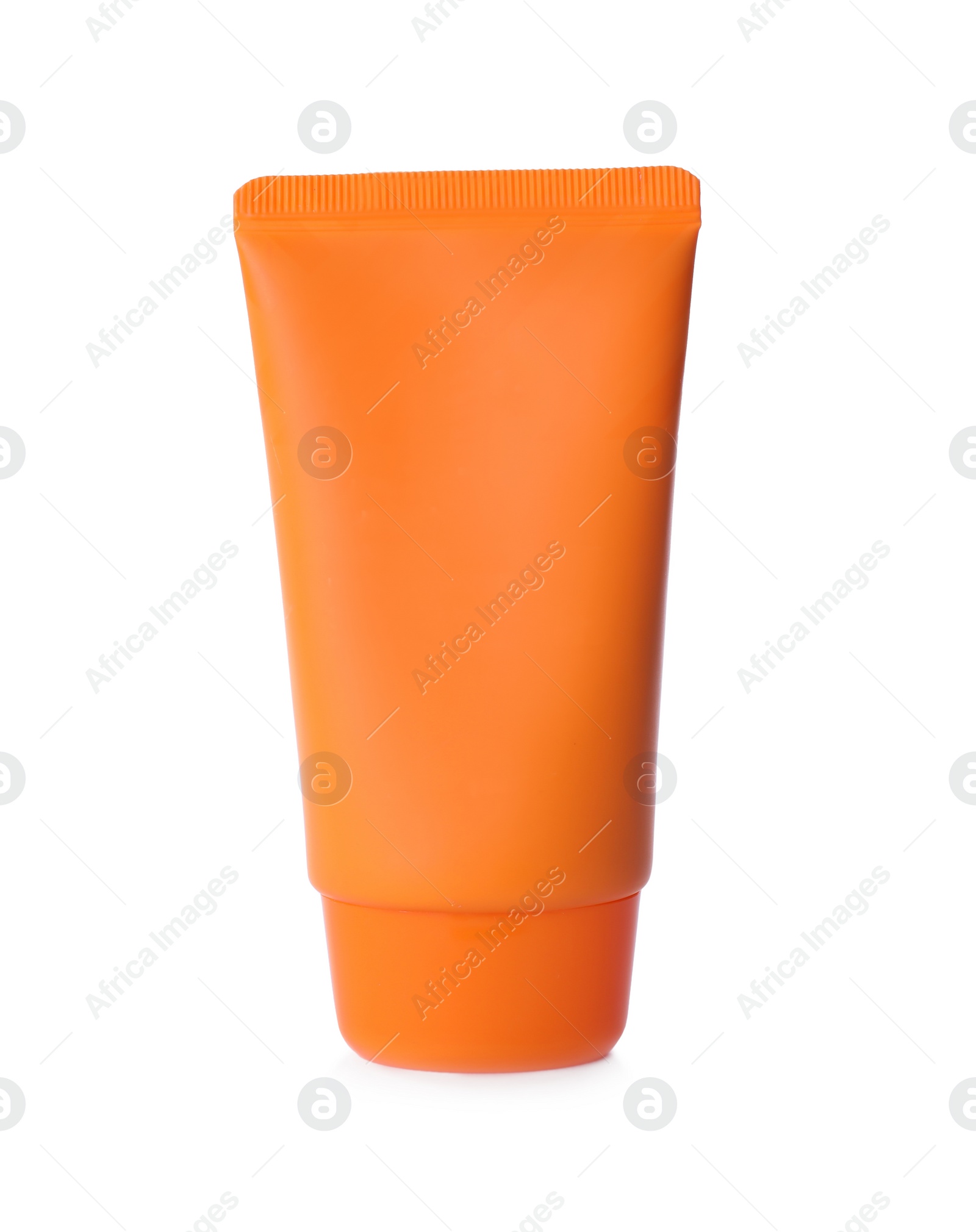 Photo of Tube of sun protection cream isolated on white