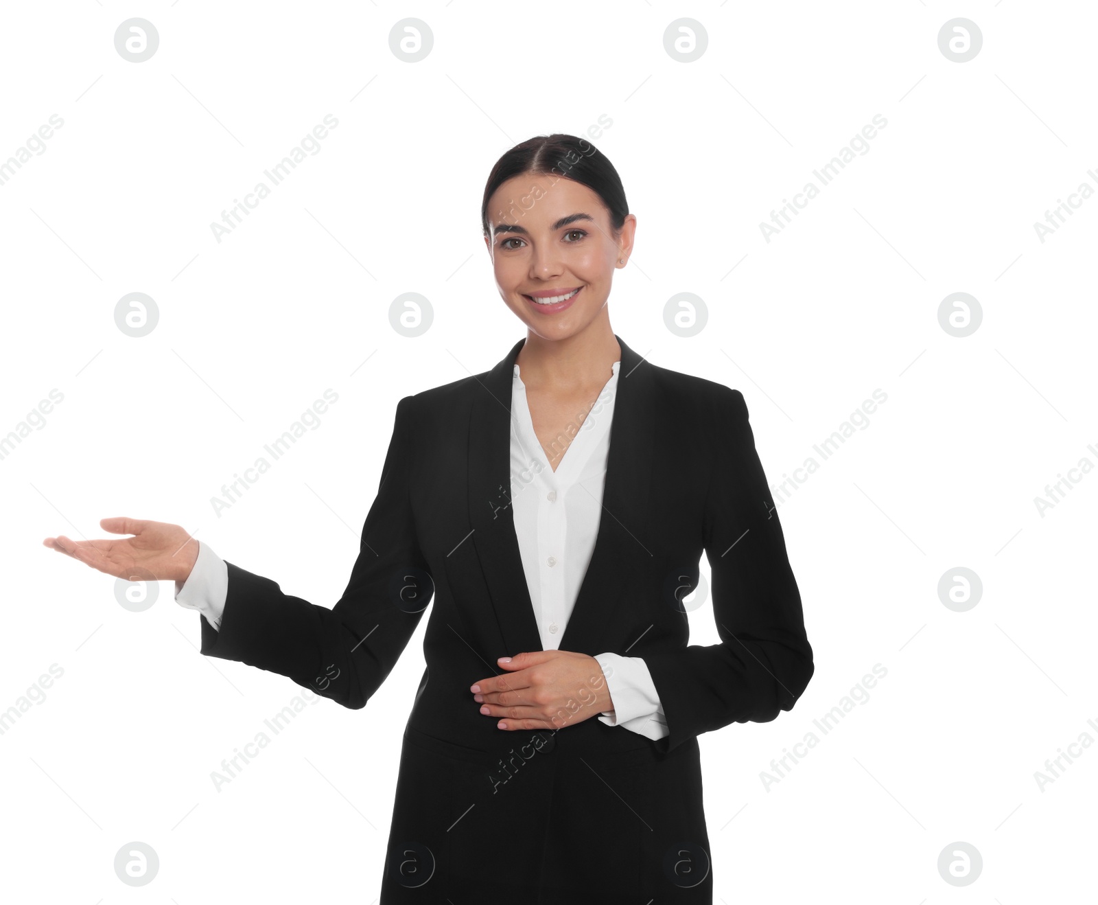 Photo of Portrait of hostess in uniform on white background