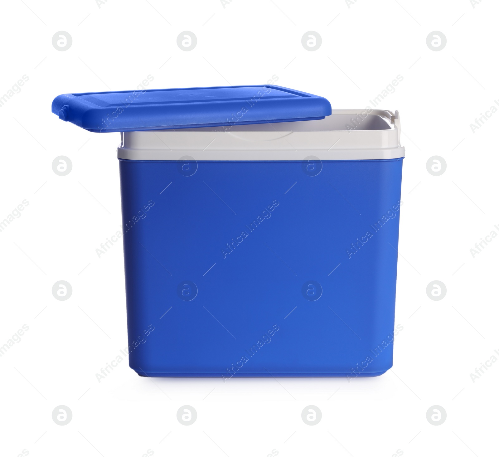 Photo of Open blue plastic cool box isolated on white