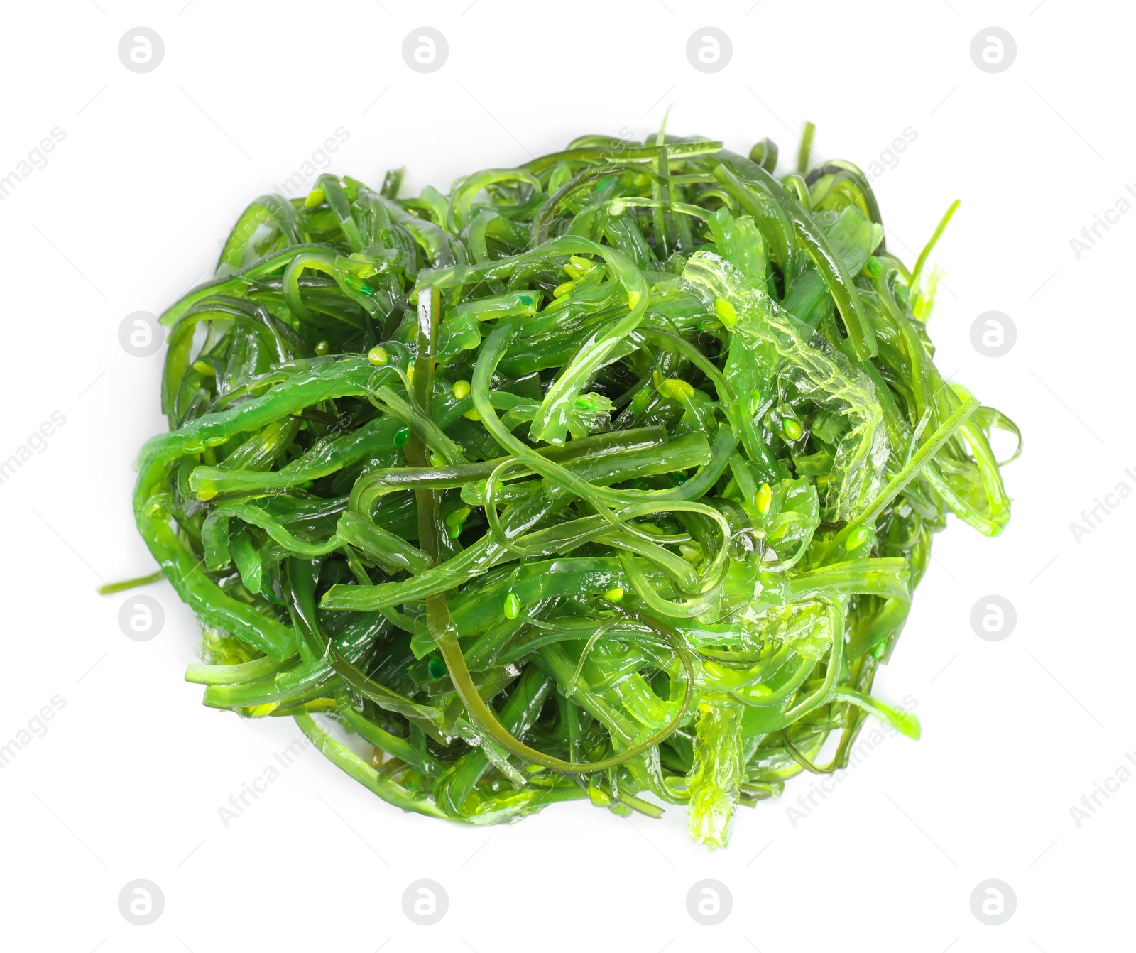 Photo of Delicious seaweed salad on white background, top view